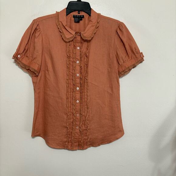 Tracy M. Tops - Tracy M. Dusty Rose / Mauve Linen Short Sleeve Shirt Size Large